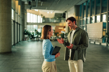 Fototapeta na wymiar Business colleagues having casual conversation in modern office lobby, discussing work during an informal meeting