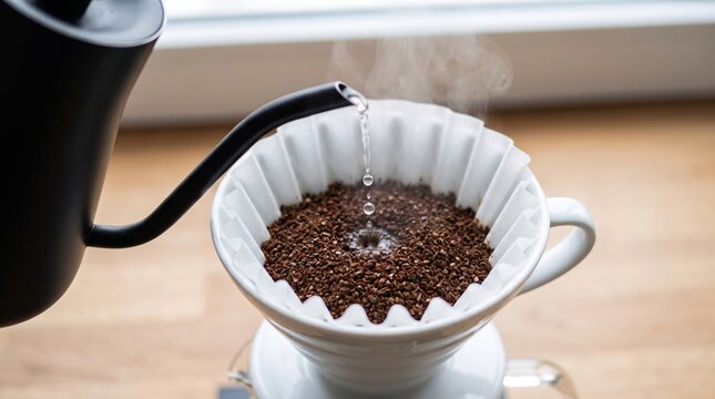 Barista Hand Drip Coffee Brewing with Hot Water Pouring from Black Gooseneck Kettle into Ceramic Dripper