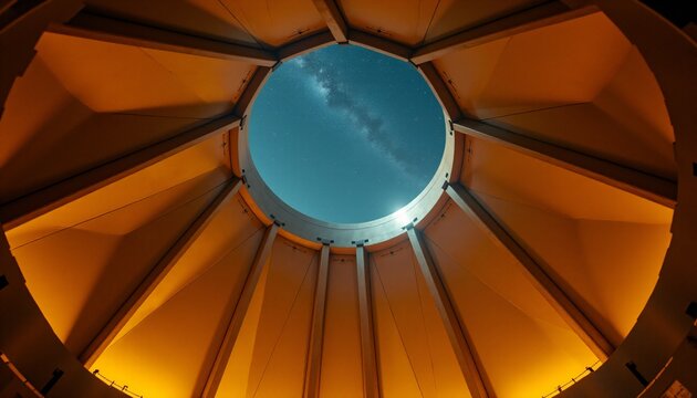 Futuristic metallic observatory dome framing the milky way galaxy at n