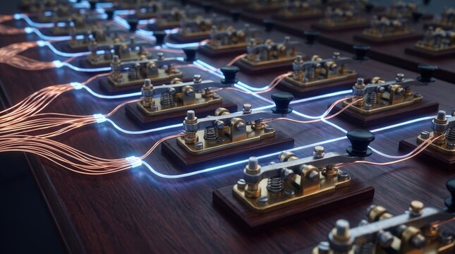 Vintage Telegraph Keys Connected by Glowing Fiber Optic Cables Representing the Evolution of Digital Communication
