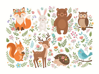 Obraz premium Collection of cute woodland animals and forest creatures with floral elements.