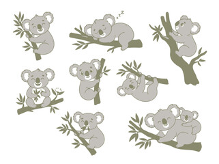 Obraz premium A collection of cute cartoon koala bears in various poses on tree branches.