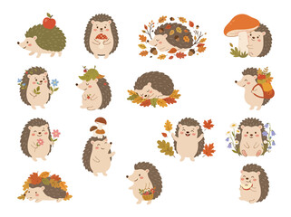Obraz premium A collection of cute cartoon hedgehogs in various autumn activities and poses.