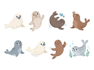 Fototapeta premium A collection of cute cartoon seals in various poses and colors.