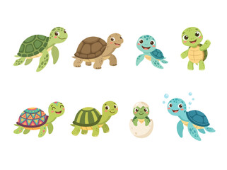 Obraz premium A collection of cute cartoon turtles in various poses and styles.