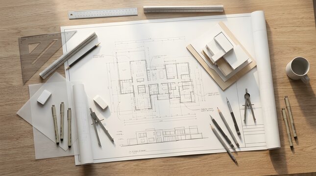 Top view of architectural blueprints, house plans, and drafting tools on a wooden desk