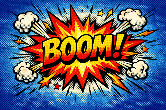 A vibrant comic book style illustration features the word boom in a bold yellow explosion.