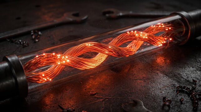Glowing Twisted Copper Wires Inside Glass Tube, High Energy Electricity Transmission Concept in Industrial Workshop