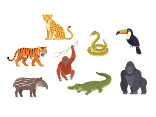 Fototapeta premium A collection of various wild animals including a tiger leopard gorilla and crocodile.
