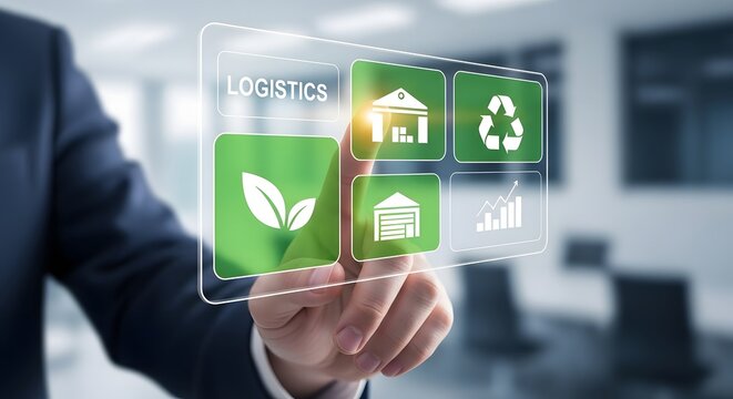 Businessman touching a virtual screen with green logistics and sustainability icons representing supply chain management