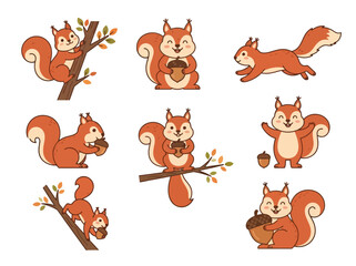 Obraz premium A collection of cute cartoon squirrels in various poses with acorns and tree branches.