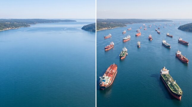 Comparative Split View Showing a Clear Coastal Waterway Versus a Congested Queue of Large Industrial Oil Tankers Waiting in a Narrow Maritime Strait