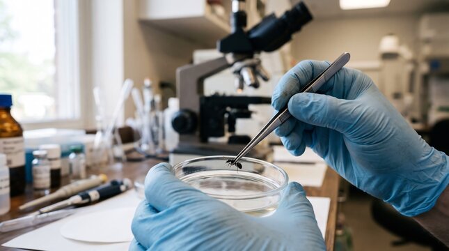 Close-up of a Researcher in Blue Nitrile Gloves Using Precision Tweezers to Place a Small Insect Specimen into a Glass Petri Dish in a Laboratory