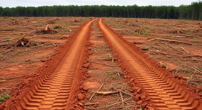 Heavy machinery tracks on red clay soil in a deforested area leading toward a lush forest.