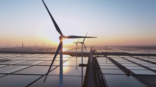 Wind turbines and salt pans at sunset with reflective water surfaces and expansive landscape
