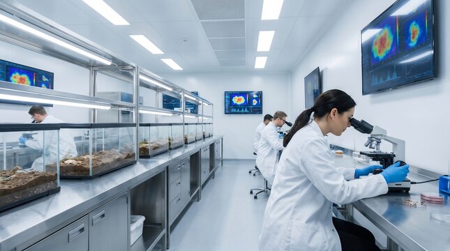 Modern Scientific Research Facility with a Female Scientist Operating a Microscope Beside Rows of Insect Habitats and Digital Monitors Showing Thermal Data Maps