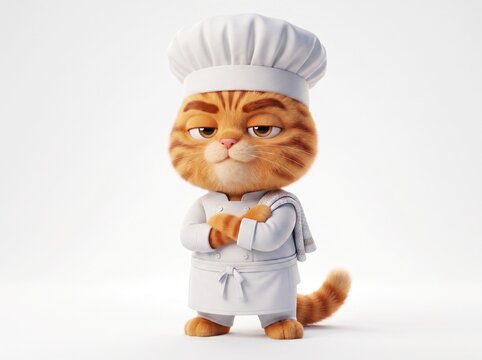 Cute Orange Tabby Cat Chef in White Uniform and Hat Isolated on White Background