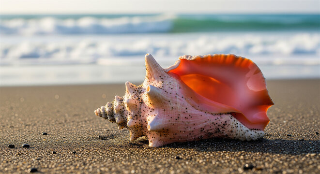 Large pink conch shell on sandy beach, tropical sea shell on ocean shore, coastal vacation concept