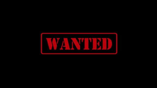 Animated "WANTED" text on a black background, "WANTED" text inside a rectangular frame, 4K video.