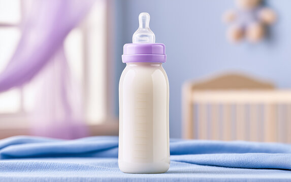 Clear plastic baby bottle with milk on blue table. Blurred nursery room with crib, purple curtains in background. Infant feeding equipment for newborn nutrition, childcare needs
