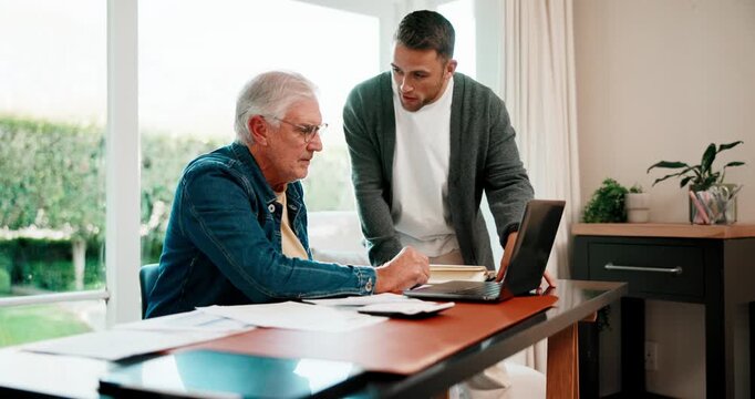 Help, men and senior father with laptop for finance question, mortgage planning or tax with family. Computer, adult son and parent with retirement budget, talk and insurance advice with flare at home