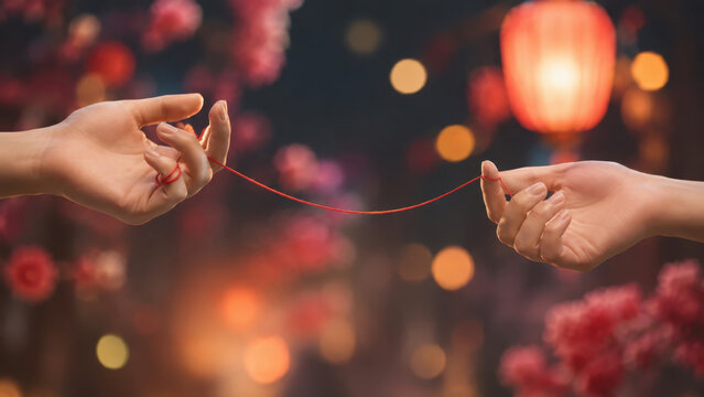 Red thread between reaching hands, qixi festival romance, chinese valentine&rsquo;s day, cowherd weaver girl legend, niulang zhinu reunion, tanabata night lanterns, fate connection, floral bokeh