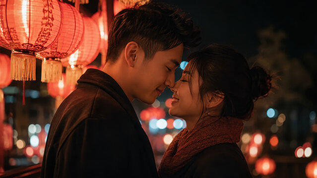 Romantic Asian couple touching noses intimately beside glowing red paper lanterns on city street during Qixi and Tanabata festival celebration night with warm bokeh lights background
