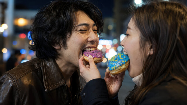 Qixi festival night date with asian couple sharing colorful donuts, chinese valentine street food moment, cowherd weaver girl folklore, tanabata romance, urban bokeh lights, togetherness