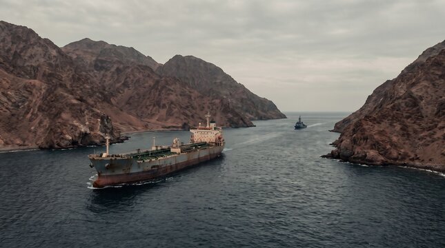 Industrial Oil Tanker Navigating Through a Narrow Rocky Mountain Strait