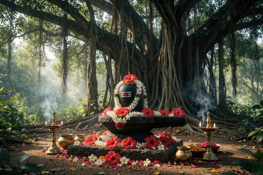 Shivling under large with hibiscus, marigolds, and oil lamps for Maha Shivratri. Smoke from incense rises, creating spiritual atmosphere for worship and devotion.