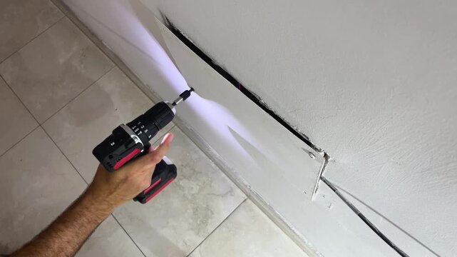 Skilled carpenter using a cordless electric screwdriver with an integrated light to mount a plasterboard panel onto a baseboard during home renovation and repair work