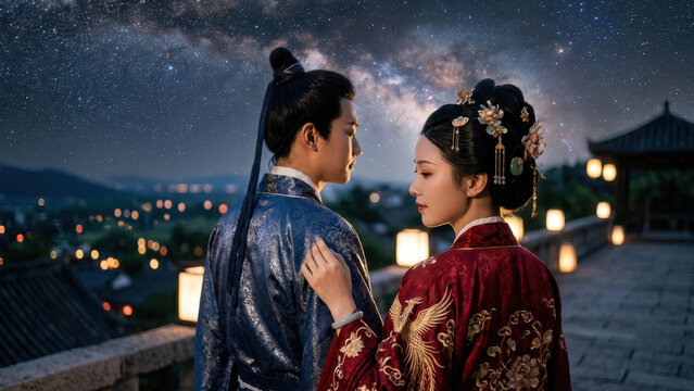 七夕節の星空と恋人