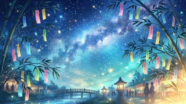 七夕祭の夜に竹笹へ色とりどりの短冊が揺れる星空風景