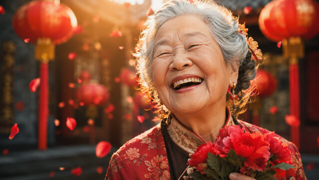 七夕節を祝う笑顔の高齢女性
