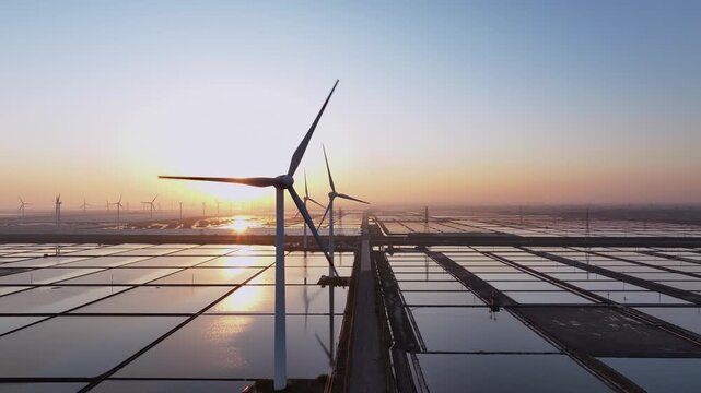 Wind turbines in salt fields at sunset with reflective water surfaces and structured grid patterns