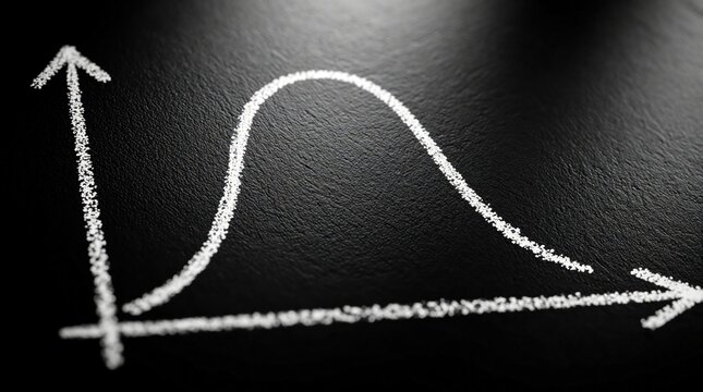 Chalk drawing of a bell curve graph on a black surface represents data distribution and statistical analysis. Shows variation and central tendency concepts.