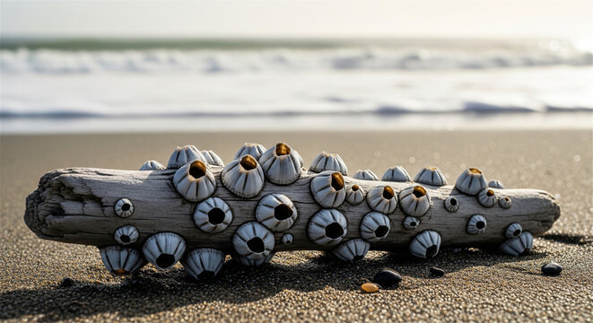 Weathered driftwood with white barnacles on sandy beach, ocean waves in background, coastal nature concept