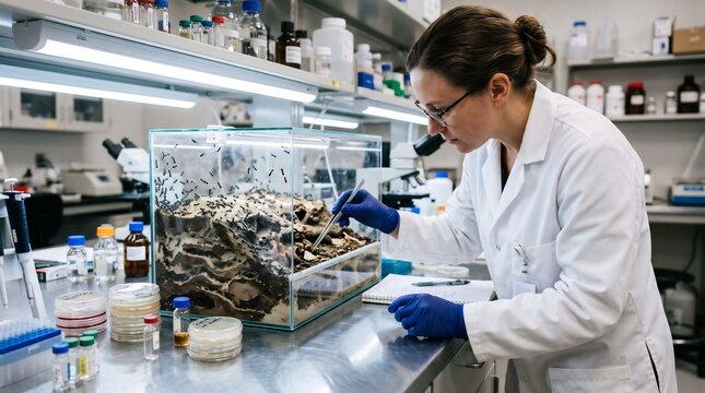 Professional Woman Scientist in a Bright Modern Laboratory Conducting a Detailed Entomological Study of an Active Ant Colony Using Specialized Tools and Equipment