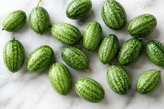 Fresh Cucamelons Scatter Like Miniature Striped Melons with Fine Droplets on White Marble Food Photography