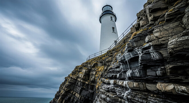 Dramatic coastal lighthouse on rocky cliff, white beacon tower under stormy sky, moody marine landscape