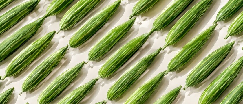 Fresh Pointed Gourds Align in Diagonal Rows with Pale Green Stripes and Soft Shadows Portrait