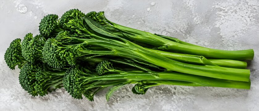 Fresh Broccolini Aligns Long Tender Stems and Compact Florets on Pale Stone with Droplets Photography