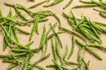Fototapeta premium Fresh Cluster Beans Scatter Naturally with Slender Angular Pods on a Matte Beige Background Photography