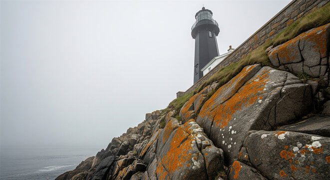 Moody coastal lighthouse on rocky cliff, dramatic ocean beacon in thick fog, atmospheric maritime landscape