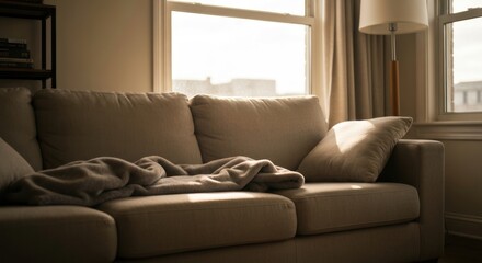 Soft couch bathed in sunlight near window, draped with blanket © Darminah