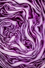 Obraz premium Fresh Red Cabbage Layers Fill Frame with Abstract Purple Curves and White Veins Food Photography