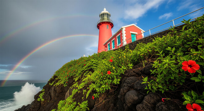 Scenic red lighthouse on a rocky cliff with double rainbow, coastal beacon overlooking ocean waves, dramatic storm sky with colorful rainbow
