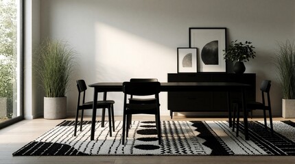 Fototapeta premium Modern dining room with black table, chairs on geometric pattern rug. Minimalist home interior features wooden floor, potted plants. Elegant sideboard holds abstract art prints near large window.