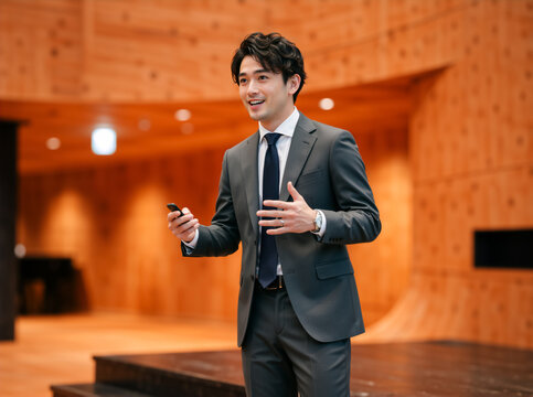 Asian businessman speaking at a conference. Confident male executive giving a presentation in a modern wooden auditorium