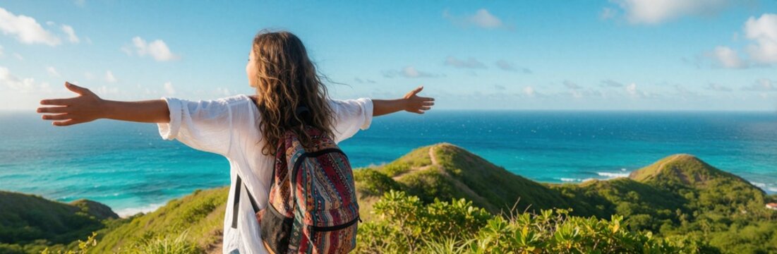Young woman with backpack stands on tropical hill top with arms open wide. Female hiker enjoys freedom, beautiful ocean view during summer vacation journey. Happy traveler girl looking at blue sea